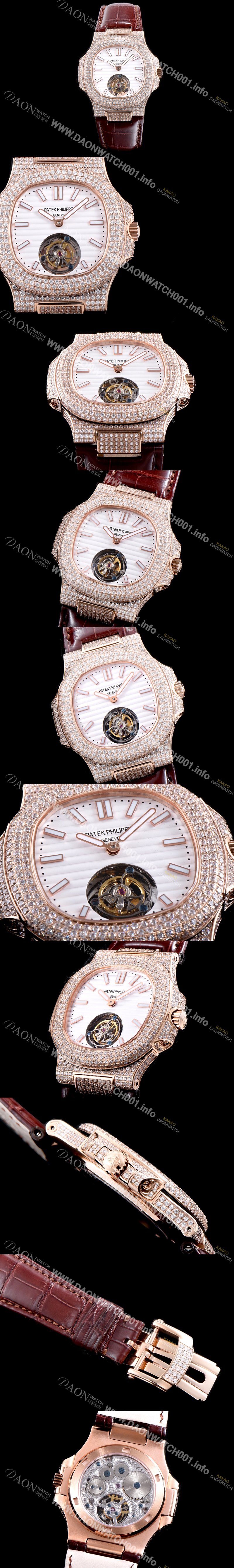 SA급 파텍필립 남성용 노틸러스 뚜르비옹 18K 로즈 골드 최상급쥬얼 다이아몬드 풀 세팅 케이스 화이트 텍스쳐 다이얼 아시안 투어빌론 탑재 PAT0130 xx