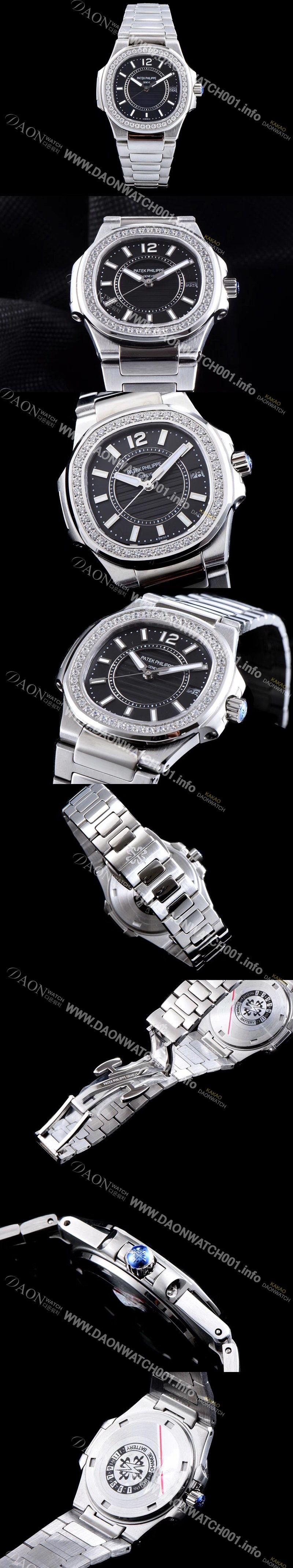 SA급 파텍필립 여성용 노틸러스 7008/1A-010 하이엔드 최상급쥬얼 다이아몬드 베젤 블랙 텍스쳐 다이얼 브레이슬릿 스위스 정품 쿼츠 무브먼트 PAT0115 xx