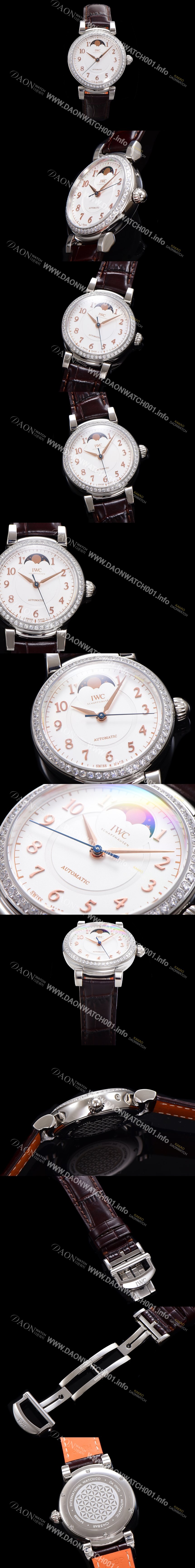 SA급 아이더블유씨여성용 다빈치 IW459307 오토매틱 문페이즈 36mm 18K 로조골드 다이아몬드베젤가죽줄 화이트다이얼 iwc76405 xx