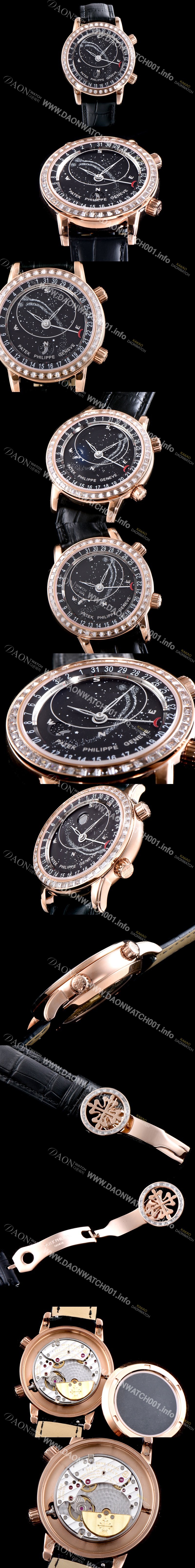 SA급 파텍필립 남성용 그렌드 컴플리케이션 6104R-001 셀리스티얼 18K 로즈골드 최상급 다이아몬드 세팅 베젤 블랙 다이얼 오토매틱 무브먼트 PAT0135 xx
