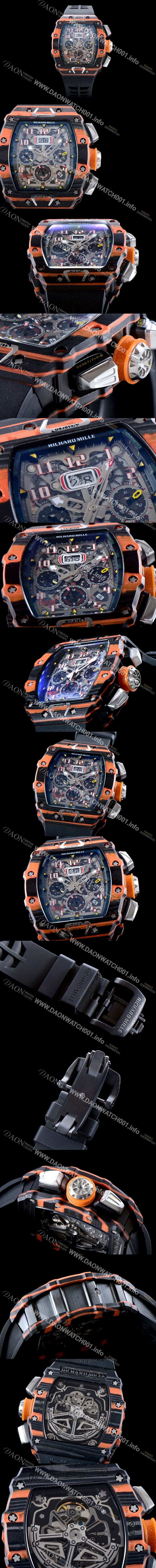 SA급 리차드밀레 남성용 리차드 밀 RM11-03 오토매틱 플라이백 크로노그래프레드 맥라렌!! 오렌지&카본 TPT 오버사이즈 데이트 스켈레톤 다이얼 오토매틱 무브먼트 RIC0202 xx