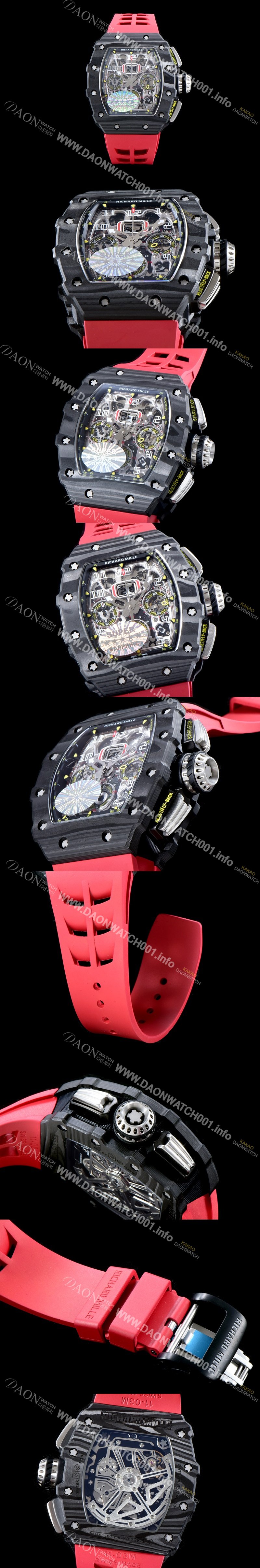 SA급 리차드밀레 남성용 오토매틱 플라이백 RM11-03 오버사이즈 데이트 크로노그래프레드 포지드 카본 케이스 스켈레톤 다이얼 오토매틱 무브먼트 ric0278 xx