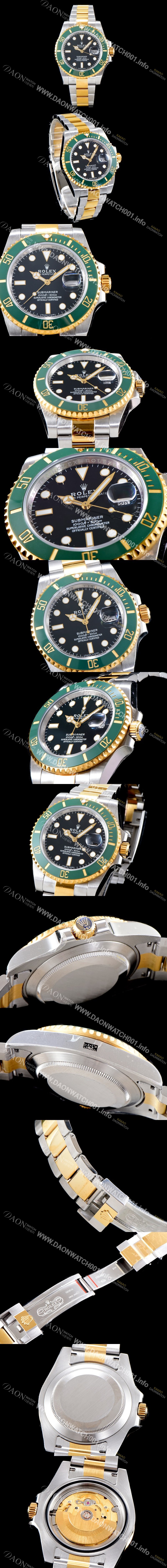 SA급 로렉스 남성용 New 업그레이드형!! 서브마리너 116613-LN-97203 데이트 투톤콤비 그린 세라믹 베젤UP!! 고급스러운 18K 옐로우골드 콤비 블랙 다이얼 브레이슬릿 오토매틱 무브먼트 ROL0534 xx