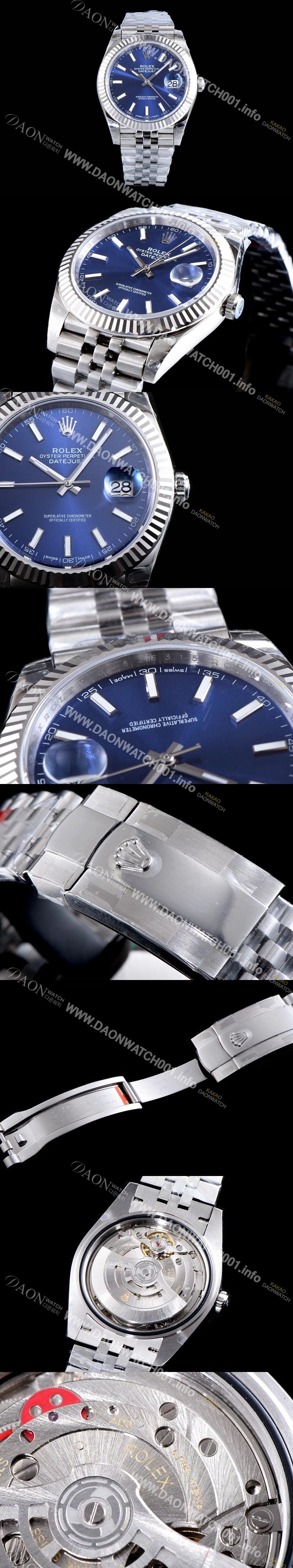 SA급 로렉스 남성용 데이저스트 II 126334 블루 다이얼 야광 스틱 인덱스 스틸 브레이슬릿오토매틱 무브먼트 ROL0001 xx