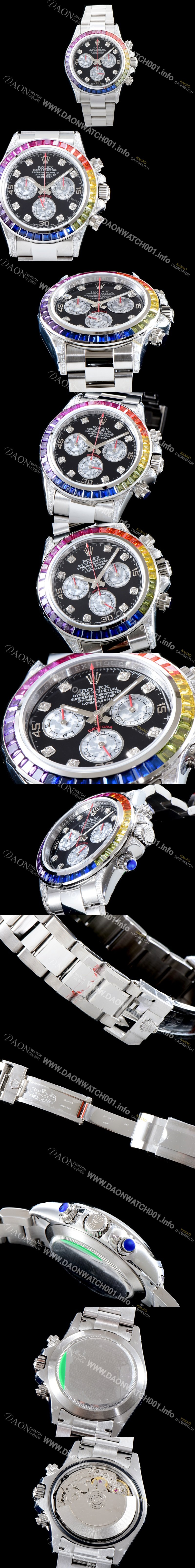 SA급 로렉스 남성용 904L스틸 업!! 데이토나 116599 레인보우 무지개 컬러 바게크 컷 사파이어 36개 세팅 베젤 블랙 다이얼 오이스터 브레이슬릿 7750B-2 오토매틱 무브먼트 ROL0050 xx