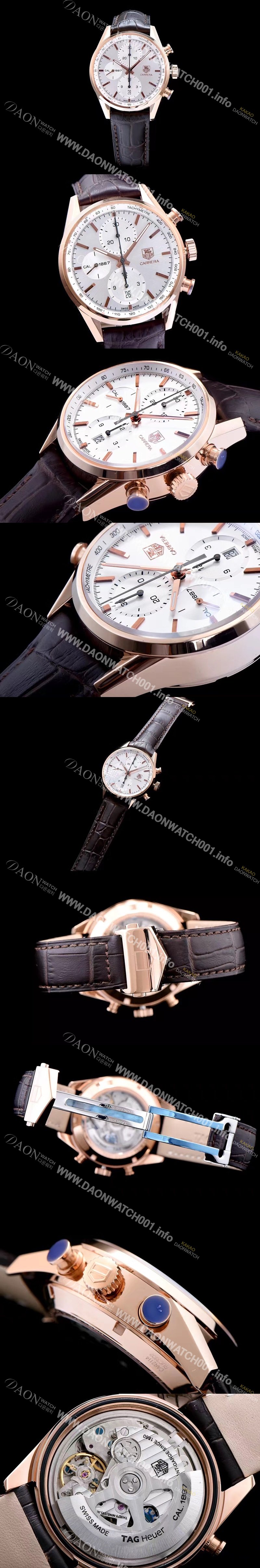 SA급 태그호이어 남성용 까레라 칼리버 1887 크로노그래프 로즈골드 화이트 다이얼 오토매틱 무브먼트 TAG0200 xx