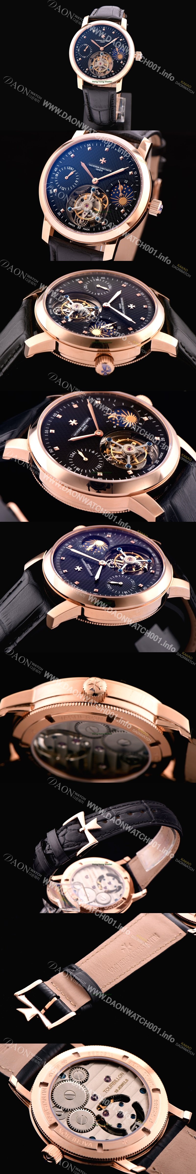 SA급 바쉐론콘스탄틴 남성용 최고의 디테일!! 패트리모니 투어빌론 & GMT 문페이즈 고급스러운 18K 로즈골드 블랙 텍스쳐드 다이얼 아시안 투어빌론 탑재 무브먼트 VAC0220 xx