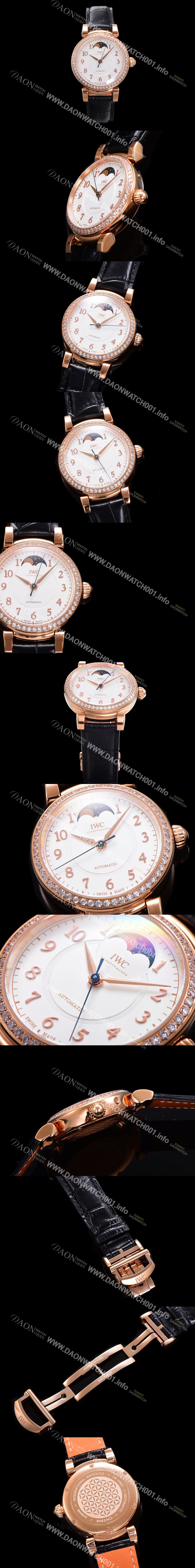 SA급 아이더블유씨여성용 다빈치 오토매틱 문페이즈 36mm 18K 로조골드 다이아몬드베젤가죽줄 화이트다이얼 iwc28513 xx