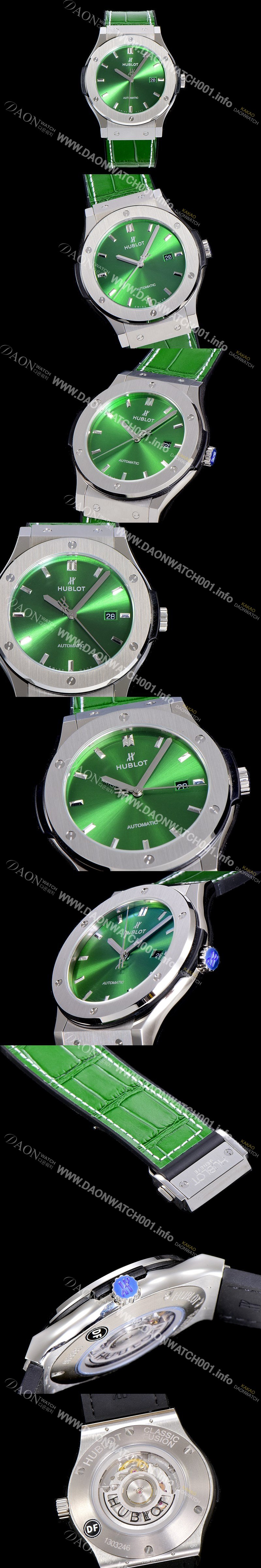 SA급 휴블렛 남성용 클래식 퓨전 45미리 오토매틱 9015 타입 가죽/러버 믹스 그린다이얼 HUB73559 xx