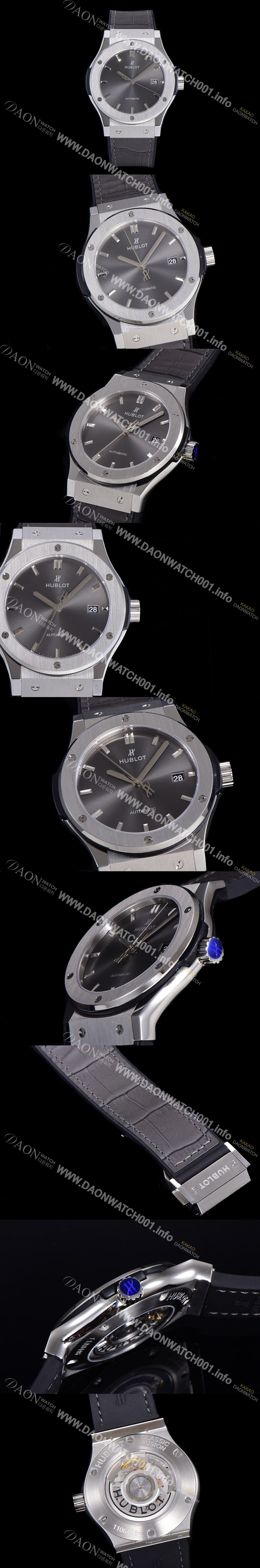 SA급 휴블렛 남성용 클래식 퓨전 45미리 오토매틱 9015 타입 가죽/러버 믹스 그레이다이얼 HUB73512 xx