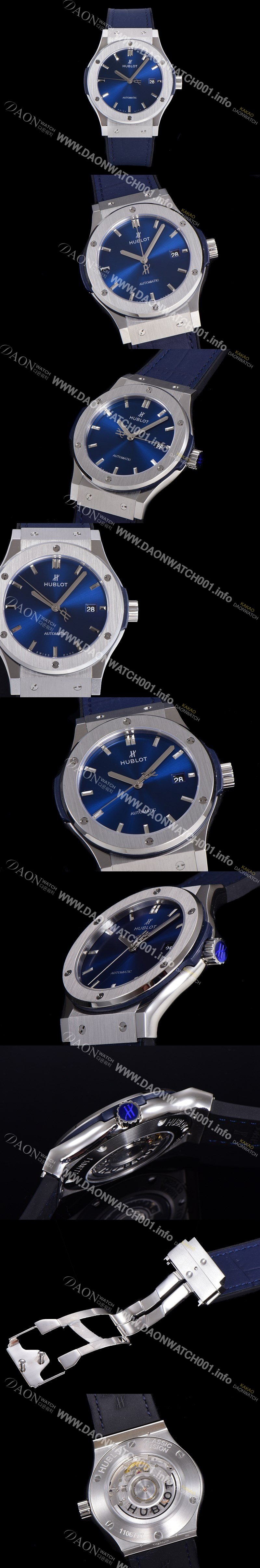 SA급 휴블렛 남성용 클래식 퓨전 45미리 오토매틱 9015 타입 가죽/러버 믹스 블루다이얼 HUB73483 xx