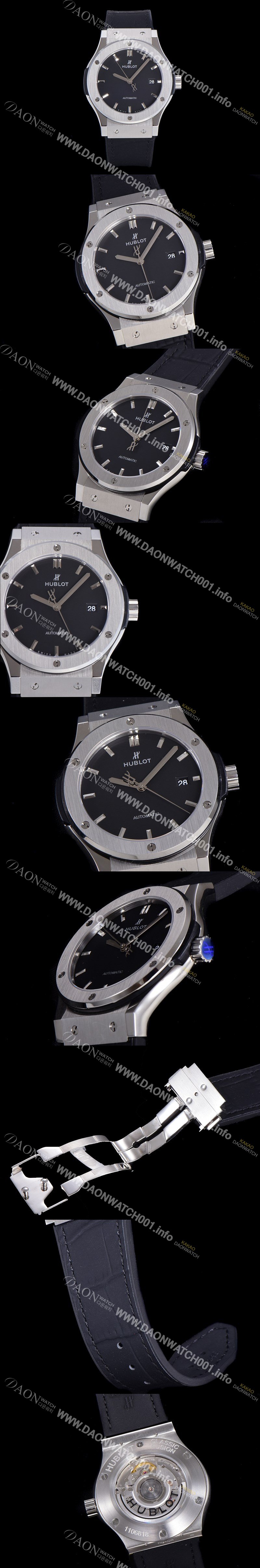 SA급 휴블렛 남성용 클래식 퓨전 45미리 오토매틱 9015 타입 가죽/러버 믹스 블랙다이얼 HUB73474 xx