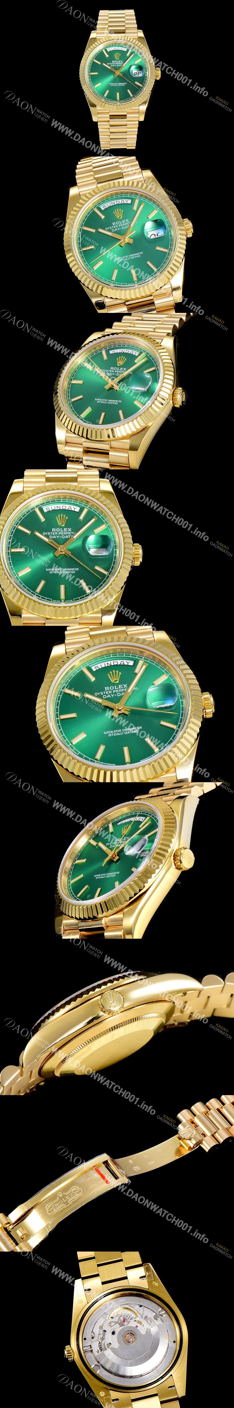 SA급 로렉스 남성용 데이데이트 오토매틱 옐루골드 올금 금장시계 이티애이 2836-2 40미리 그린다이얼 3열 브레이슬릿 ROL79495 xx
