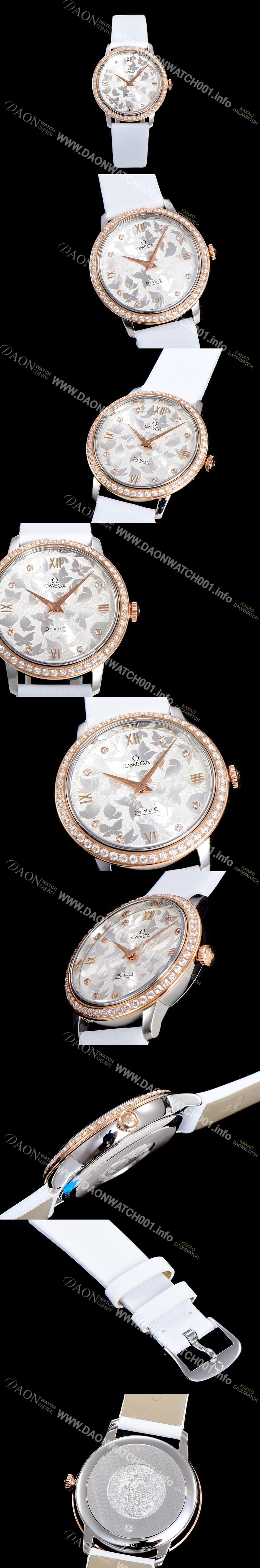 SA급 오메가 여성용 드빌 프레스티지 32.7미리 쿼츠 금장 보석/큐빅 셋팅 4061타입 레이디 소가죽줄 화이트다이얼 OMG79446 xx