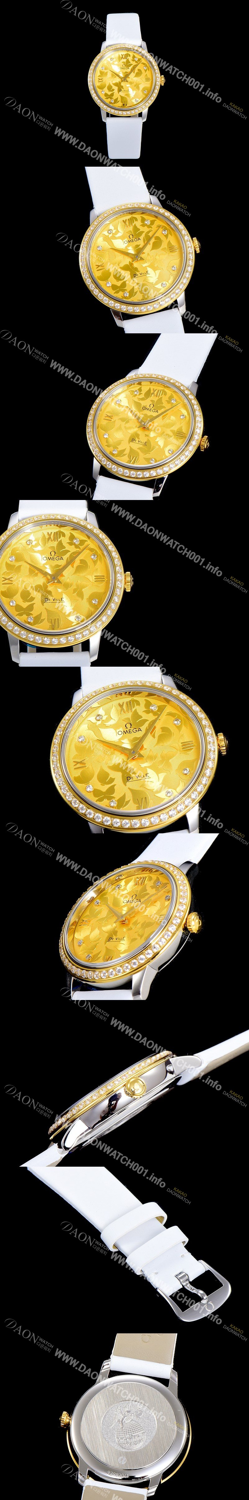 SA급 오메가 여성용 드빌 프레스티지 32.7미리 쿼츠 금장 보석/큐빅 셋팅 4061타입 레이디 소가죽줄 골드다이얼 OMG79437 xx