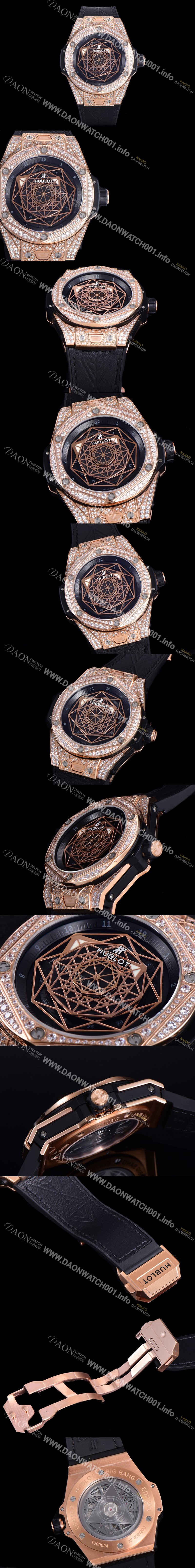 휴블렛 빅뱅 쌍 블루 오토매틱 HUB1213타입 45미리 남성용시계 18K 로즈골드 다이아몬드/보석 케이스 가죽/우레탄 믹스밴드 블랙다이얼 hub036797824