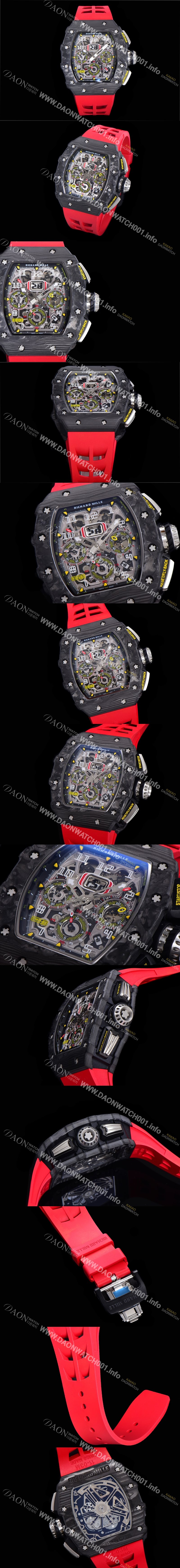 SA급 리차드밀레 남성용 플라이백 RM11-03 오버사이즈 데이트 크로노그래프레드 포지드 카본 케이스 스켈레톤 다이얼 오토매틱 무브먼트 RIC08701 xx