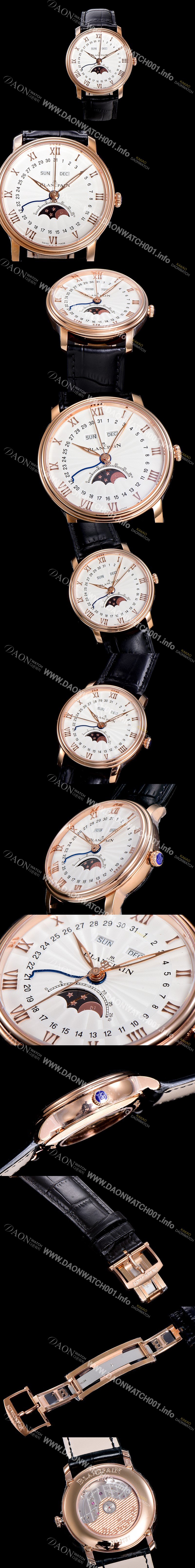 SA급 블랑팡 남성용 빌레레 퀀탬 컴플레트 문페이즈 Cal.6654 오토매틱 40미리 블랙가죽줄 18K 로즈골드 화이트다이얼 BLA14136 xx