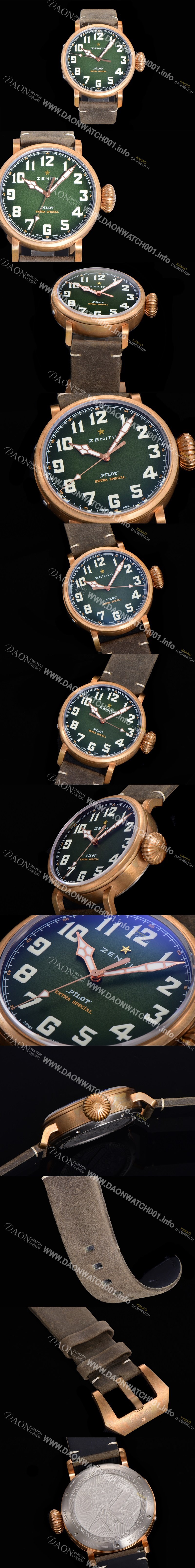 SA급 제니스 남성용 파일럿 29.2430.679/63.I001 타입 20 애드벤쳐 브론져제질 오토매틱 9015무브 45미리 가죽시계 그린다이얼 ZEN72812 xx