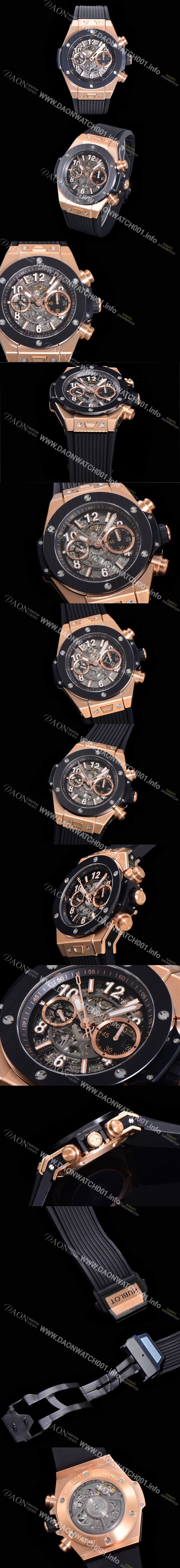 SA급 휴블렛 남성용 빅뱅 유니코 킹골드 크로노그래프 441.OM.1180.RX 로즈골드 세라믹 베젤 HUB1280 오토매틱 므브먼트 44mm 러버밴드 스켈레톤다이얼 hub38961 xx