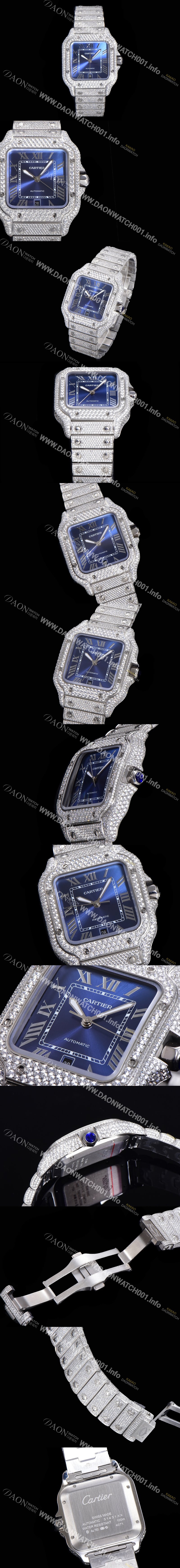 SA급 까르띠에 남성용 산토스 쥬얼 다이아몬드 셋팅 베젤 40mm 블루다이얼 오토매틱 무브먼트 CAR40187 xx