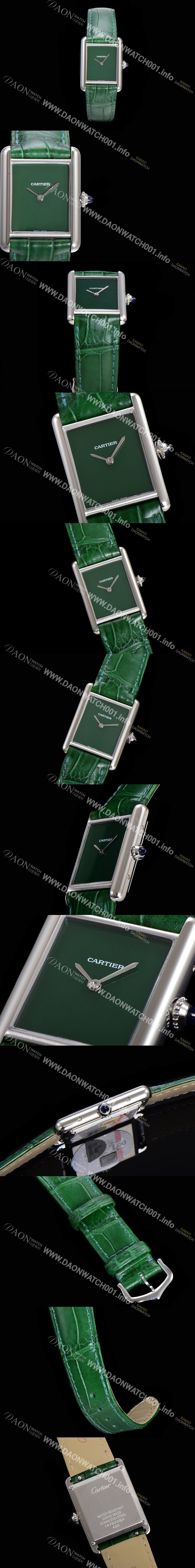 SA급 까르띠에 여성용 탱크 머스트 WSTA0054 로마 인덱스 33.7mm 그린 다이얼 악어가죽줄 쿼츠 무브먼트 CAR00575 xx