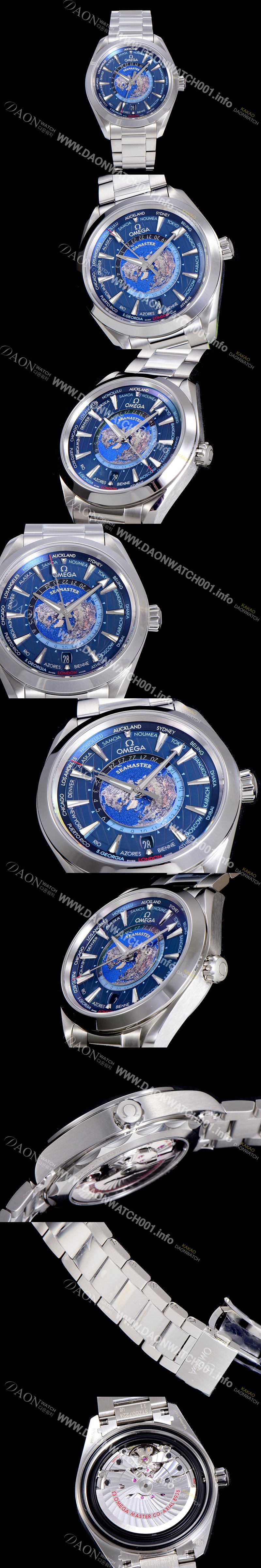 SA급 오메가 남성용 씨마스터 220.10.43.22.03.001 아쿠아테라 150미터 GMT 오토매틱 월드타이머 43미리 메탈줄 블루다이얼 OMG23495 xx