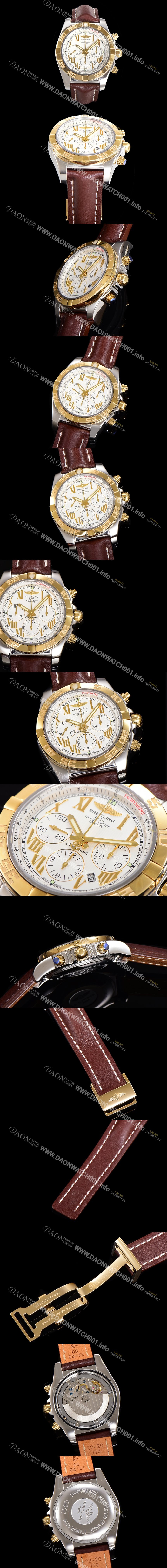 SA급 브라이틀링 남성용 원드라이더 크로노맷 오토매틱 ETA-7750 기계식 44mm 18K 옐루골드 가죽줄 화이트다이얼 bre9152 xx