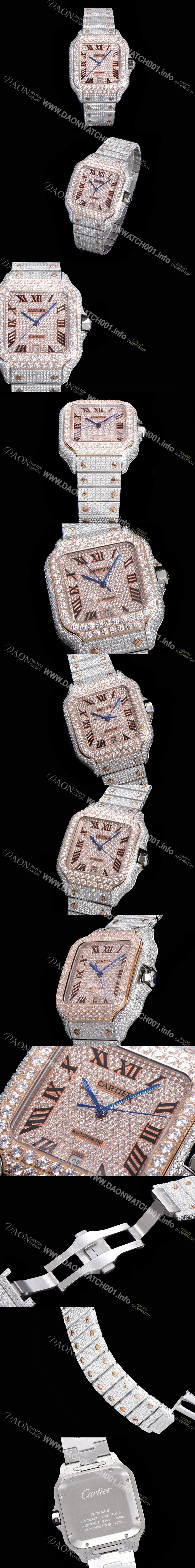 SA급 까르띠에 남성용 산토스 쥬얼 다이아몬드 셋팅 베젤 40mm 큐빅/보석 다이얼 오토매틱 무브먼트 CAR40442 xx