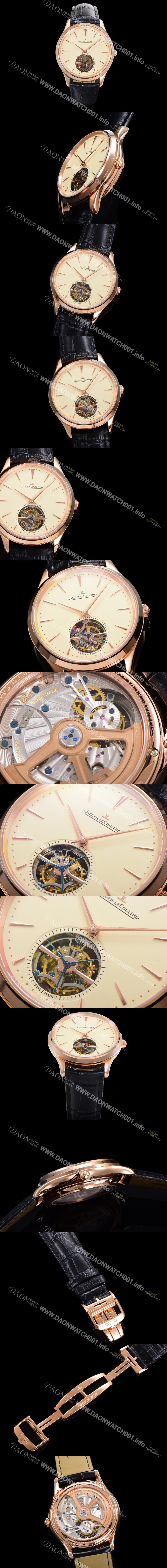 SA급 예거 르꿀르뜨 남성용 마스터 울트라 씬 투어빌론 43mm 18K로즈골드 가죽줄 아이보리 다이얼  jag1925 xx