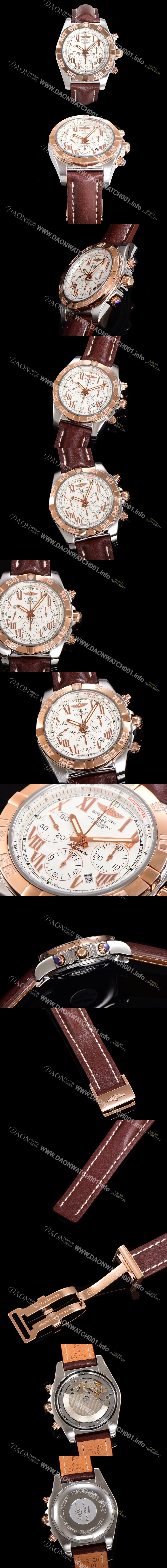 SA급 브라이틀링 남성용 원드라이더 크로노맷 오토매틱 ETA-7750 기계식 44mm 18K 로즈골드 가죽줄 화이트다이얼 bre9911 xx