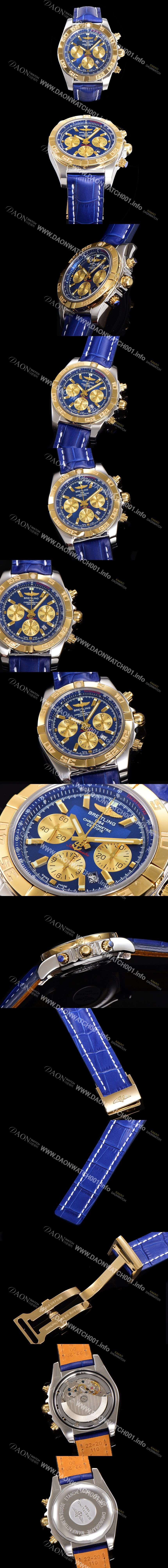 SA급 브라이틀링 남성용 원드라이더 크로노맷 오토매틱 ETA-7750 기계식 44mm 18K 옐루골드 가죽줄 블루다이얼 bre5121 xx