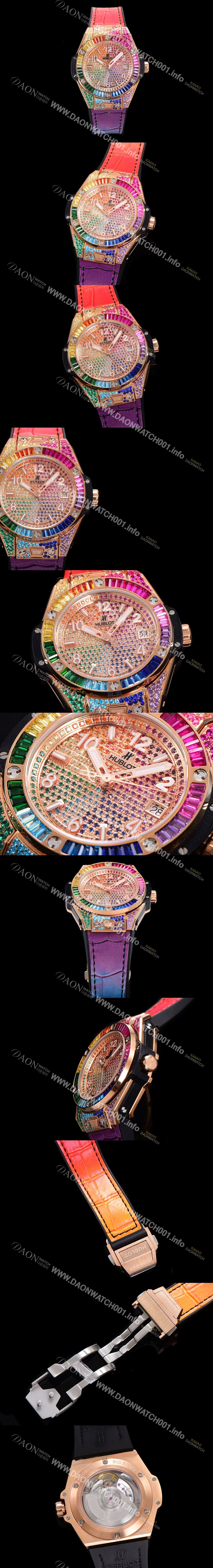 SA급 휴블렛 남여공용 빅뱅 오토매틱 HUB1710타입 39mm 다이아/보석 세팅 로즈골드 우레탄/가죽 믹스밴드 보석다이얼 hub9131 xx