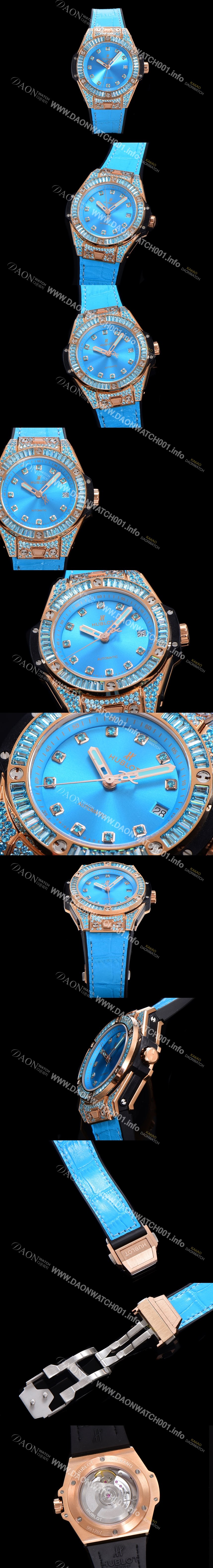 SA급 휴블렛 남여공용 빅뱅 오토매틱 HUB1710타입 39mm 다이아/보석 세팅 로즈골드 우레탄/가죽 믹스밴드 블루다이얼 hub9312 xx