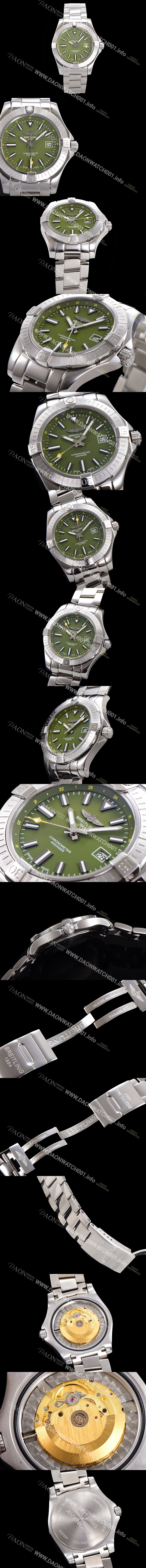 SA급 브라이틀링 남성용 어벤져 오토매틱 아시안 2836-2 타입 43mm 스틸 메탈시계 그린다이얼 bre5991 xx