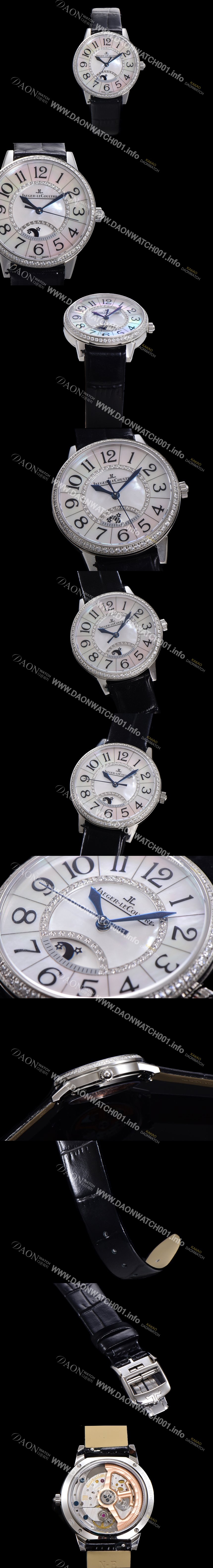 SA급 예거 르꿀르뜨 여성용 랑데뷰 나잇&데이 문페이즈 오토매틱 898A 타입 무브 34mm 보석 배젤 가죽줄자게 화이트다이얼 jag5913 xx