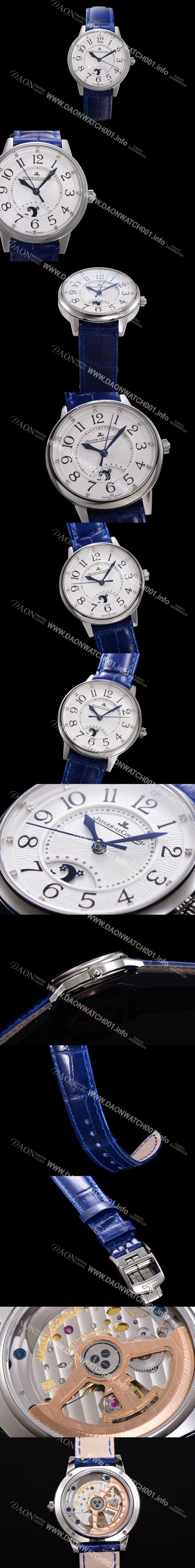 SA급 예거 르꿀르뜨 여성용 랑데뷰 나잇&데이 문페이즈 오토매틱 898A 타입 무브 34mm 보석 배젤 가죽줄 화이트다이얼 jag9139 xx