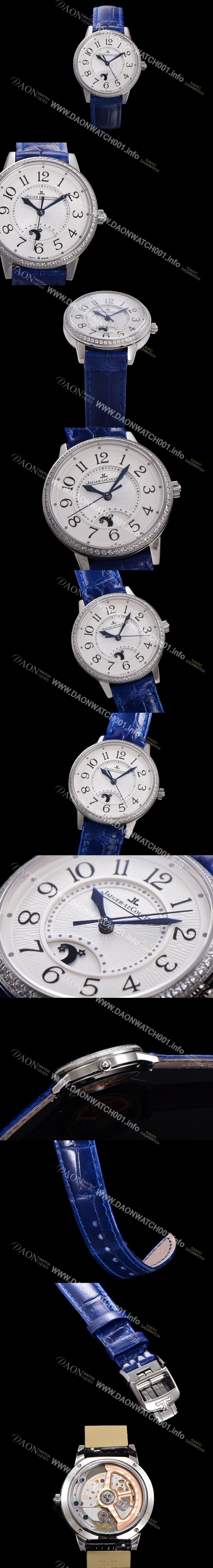 SA급 예거 르꿀르뜨 여성용 랑데뷰 나잇&데이 문페이즈 오토매틱 898A 타입 무브 34mm 보석 배젤 가죽줄  화이트다이얼 jag1521 xx