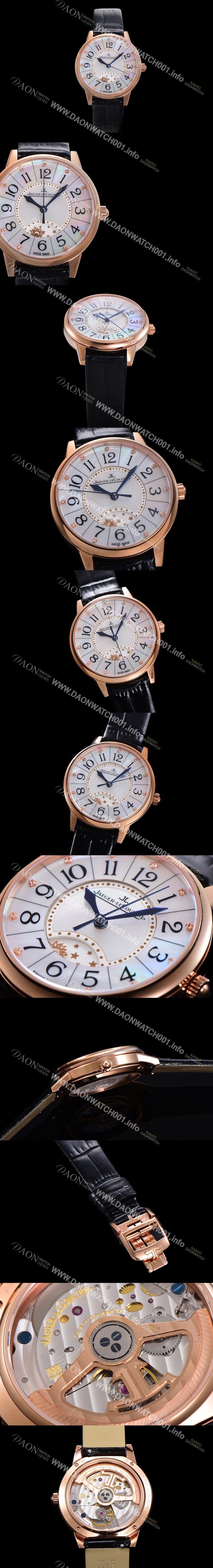 SA급 예거 르꿀르뜨 여성용 랑데뷰 나잇&데이 문페이즈 오토매틱 898A 타입 무브 34mm 금장 가죽줄 자게 화이트다이얼 jag5123 xx