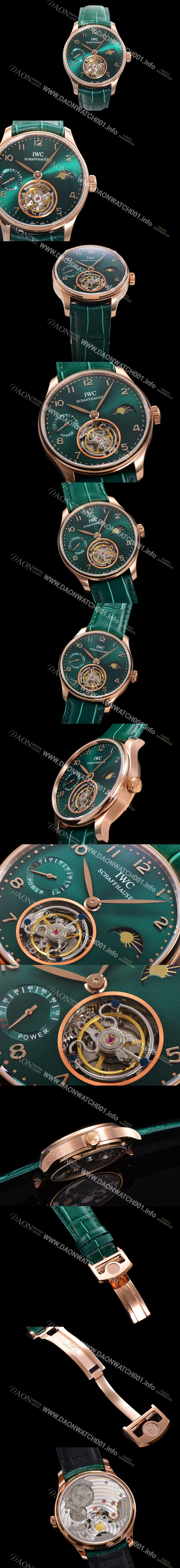 SA급 아이더블유씨 남성용 신제품 UP!! 포르투기즈 컴플리케이션 하이  "투어빌론 문페이즈 파워 리저브"아시안 투어빌론 탑재  18K 로즈골드 42mm 가죽줄 그린 다이얼   iwc1599 xx
