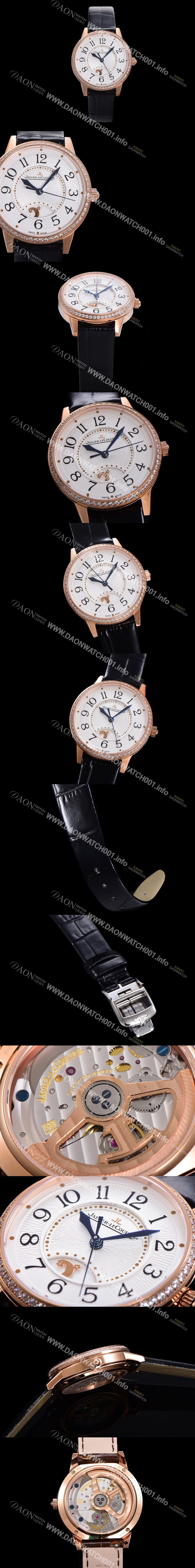 SA급 예거 르꿀르뜨 여성용 랑데뷰 나잇&데이 문페이즈 오토매틱 898A 타입 무브 34mm 금장시계 보석 배젤 가죽줄 화이트다이얼 jag1151 xx