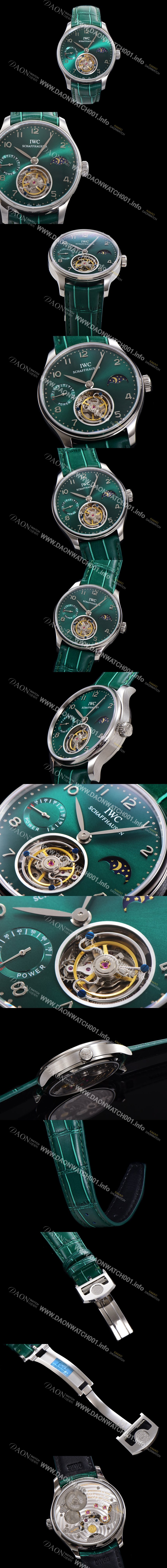 SA급 아이더블유씨 남성용 신제품 UP!! 포르투기즈 컴플리케이션 하이  "투어빌론 문페이즈 파워 리저브"아시안 투어빌론 탑재  42mm 가죽줄 그린 다이얼   iwc9359 xx