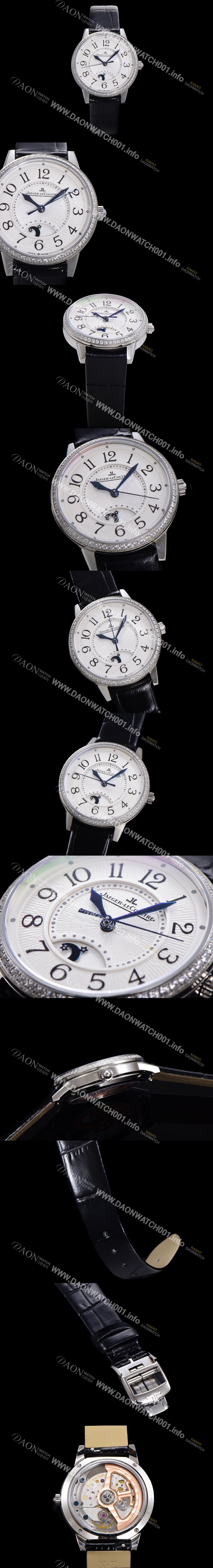 SA급 예거 르꿀르뜨 여성용 랑데뷰 나잇&데이 문페이즈 오토매틱 898A 타입 무브 34mm 보석 배젤 가죽줄 화이트다이얼 jag9915 xx