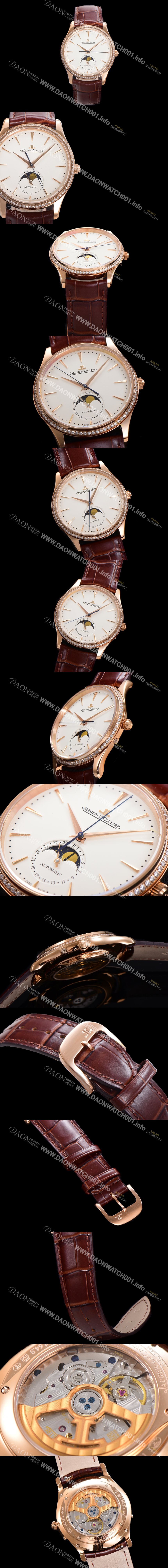 SA급 예거 르꿀르뜨 남성용 마스터 울트라 씬 문페이즈 오토매틱 925타입 18K로즈골드/다이아몬드 베젤 39mm 가죽줄 화이트다이얼 jag1519 xx