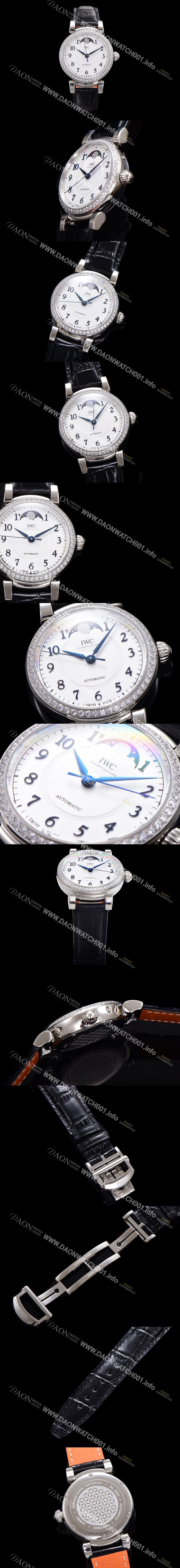 SA급 아이더블유씨여성용 다빈치 오토매틱 문페이즈 36mm 18K 로조골드 다이아몬드베젤가죽줄 화이트다이얼 iwc75312 xx