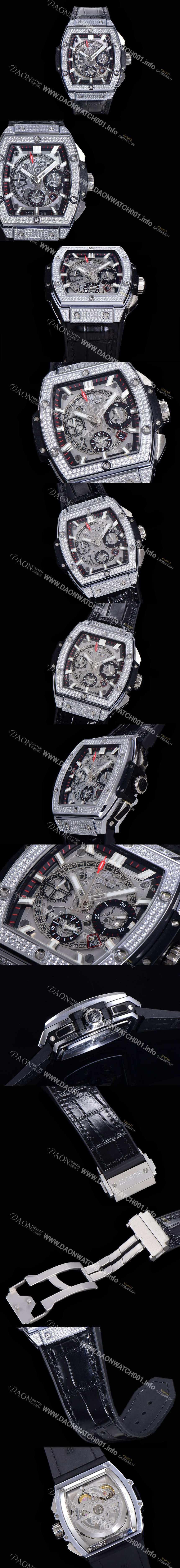 SA급 휴블렛 남성용 스피릿 빅뱅 마스터피스 크로노그래프 Hub4700타입 45mm 다이아몬드 셋팅 가죽줄 스켈래톤다이얼 hub3199 xx