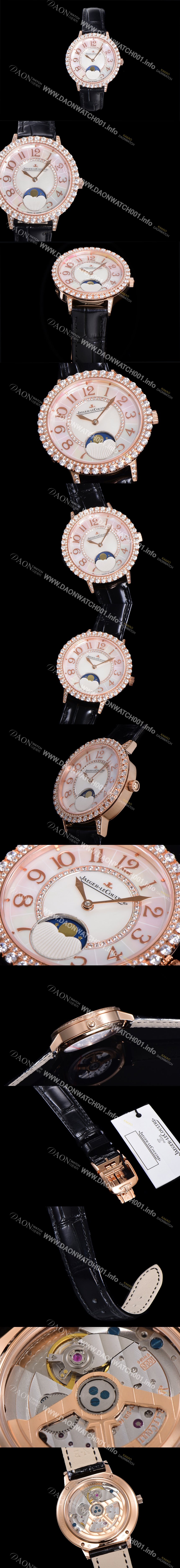 SA급 예거르꿀뜨르 여성용 랑데뷰 문미듐 오토매틱 Cal.935타입 34mm 18K 로즈골드 보석/다이아 베젤 가죽줄 화이트다이얼 jag9912 xx