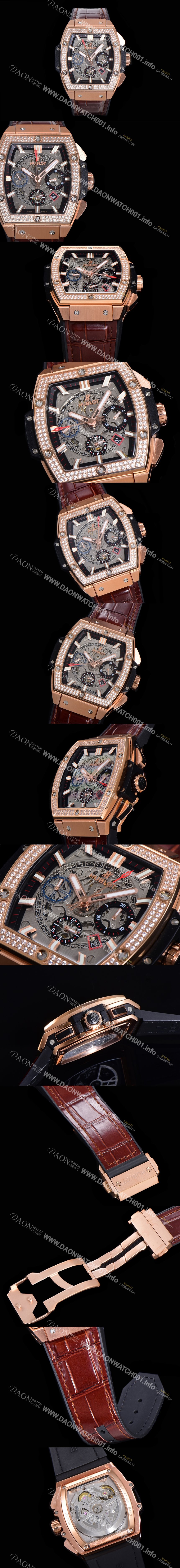 SA급 휴블렛 남성용 스피릿 빅뱅 마스터피스 크로노그래프 Hub4700타입 45mm 18K로즈골드/다이아몬드 셋팅 가죽줄 스켈래톤다이얼 hub9351 xx