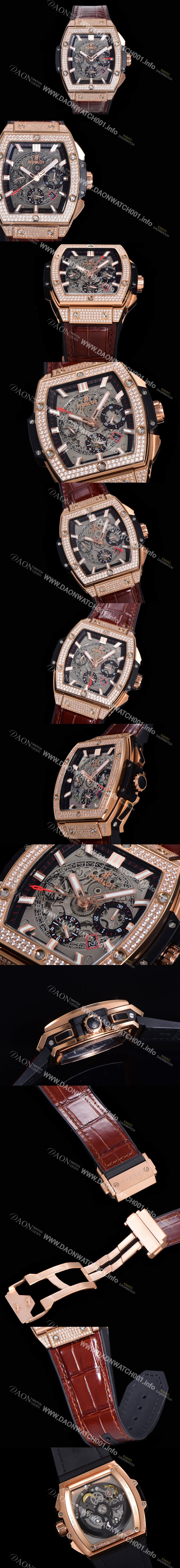 SA급 휴블렛 남성용 스피릿 빅뱅 마스터피스 크로노그래프 Hub4700타입 45mm 18K로즈골드/다이아몬드 셋팅 가죽줄 스켈래톤다이얼 hub2191 xx