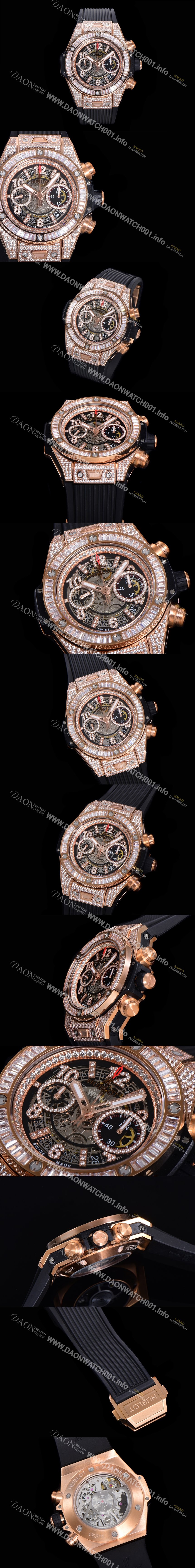 SA급 휴블렛 남성용 빅뱅 유니코 45mm 오토매틱 HUB1280 타입 18K 로즈골드/다이아몬드 풀케이스 러버줄 스켈래톤 다이얼  hub3259 xx